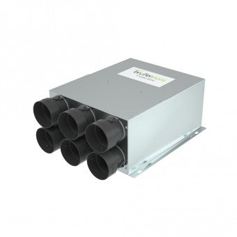 Plenum di distribuzione multidirezionale realizzato in lamiera zincata con isolamento fonoassorbente interno 7 attacchi.